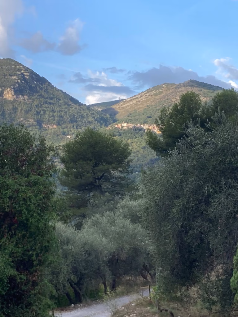Vue sur les montagnes et le village perché depuis le lodge à proximité de Nice et sa promenade des Anglais